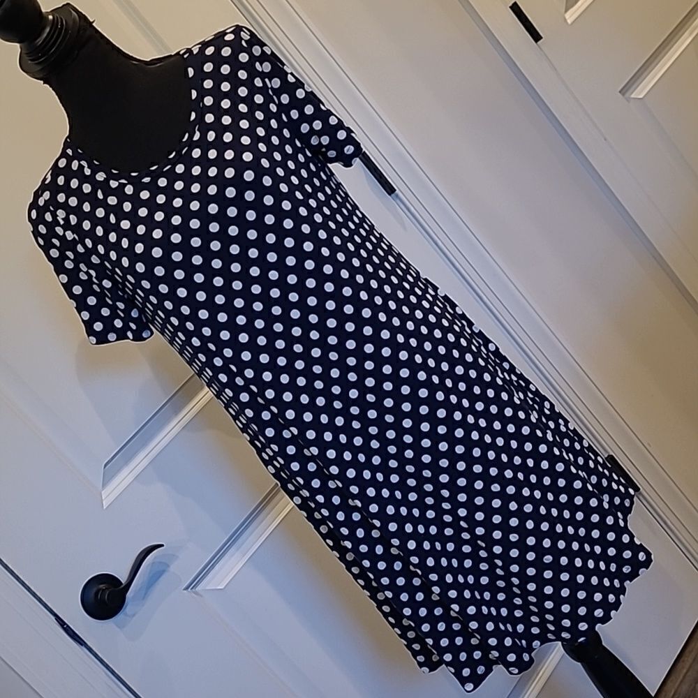 POPYOUNG sz XL navy midi dress with white polka-dots